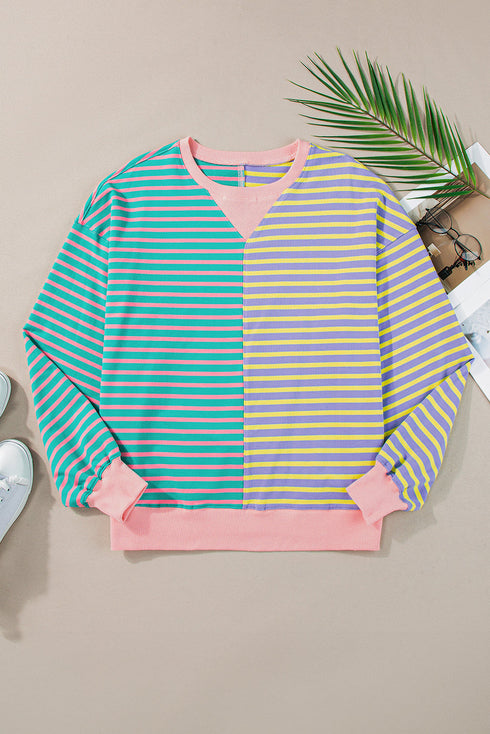 Relaxed V Neck Mixed Stripe Drop Shoulder Pullover Sweatshirt