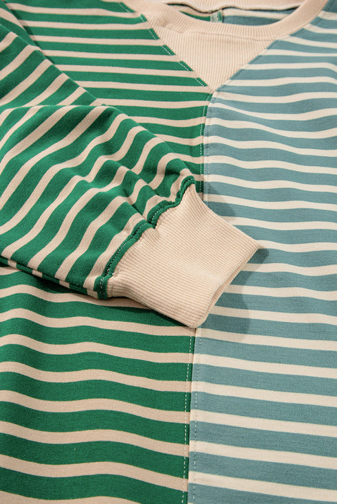Relaxed V Neck Mixed Stripe Drop Shoulder Pullover Sweatshirt