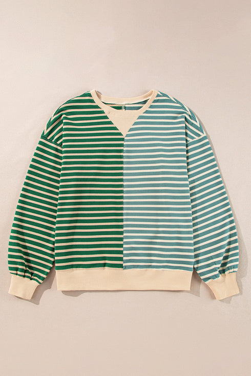 Relaxed V Neck Mixed Stripe Drop Shoulder Pullover Sweatshirt