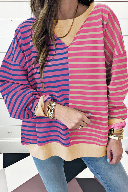 Relaxed V Neck Mixed Stripe Drop Shoulder Pullover Sweatshirt