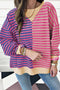 Relaxed V Neck Mixed Stripe Drop Shoulder Pullover Sweatshirt