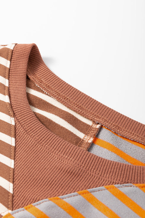 Relaxed V Neck Mixed Stripe Drop Shoulder Pullover Sweatshirt