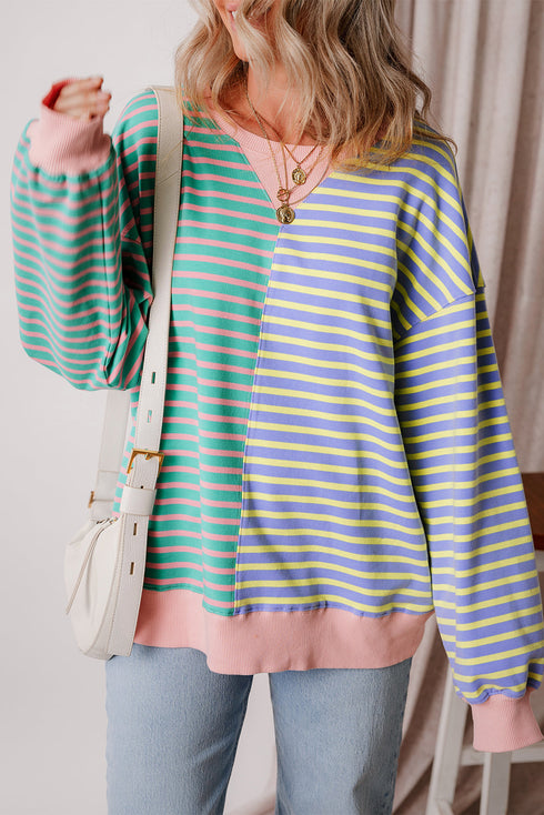 Relaxed V Neck Mixed Stripe Drop Shoulder Pullover Sweatshirt
