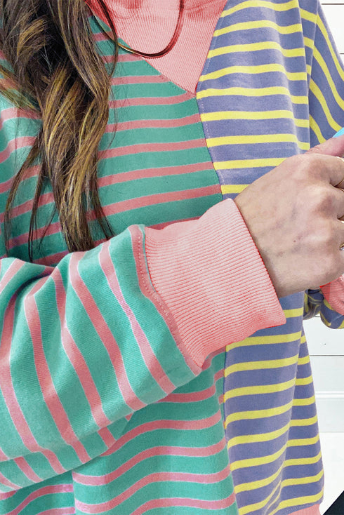Relaxed V Neck Mixed Stripe Drop Shoulder Pullover Sweatshirt