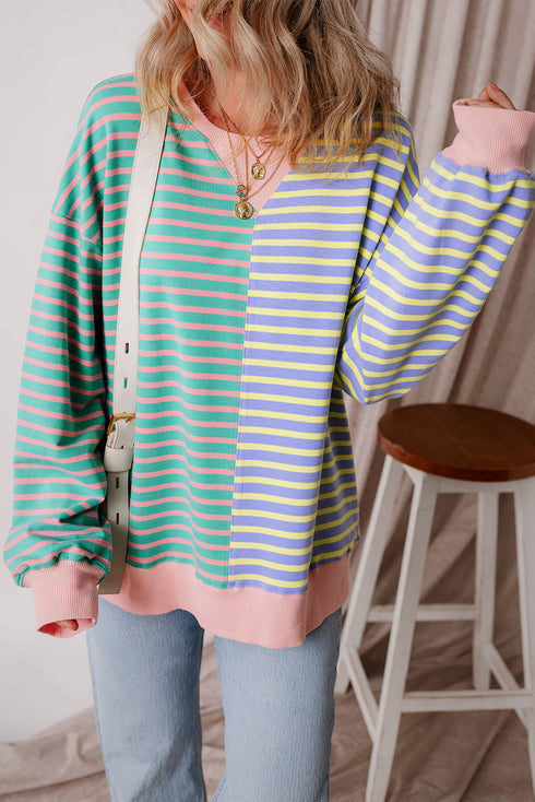 Relaxed V Neck Mixed Stripe Drop Shoulder Pullover Sweatshirt