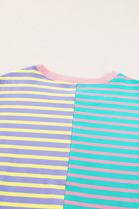 Relaxed V Neck Mixed Stripe Drop Shoulder Pullover Sweatshirt