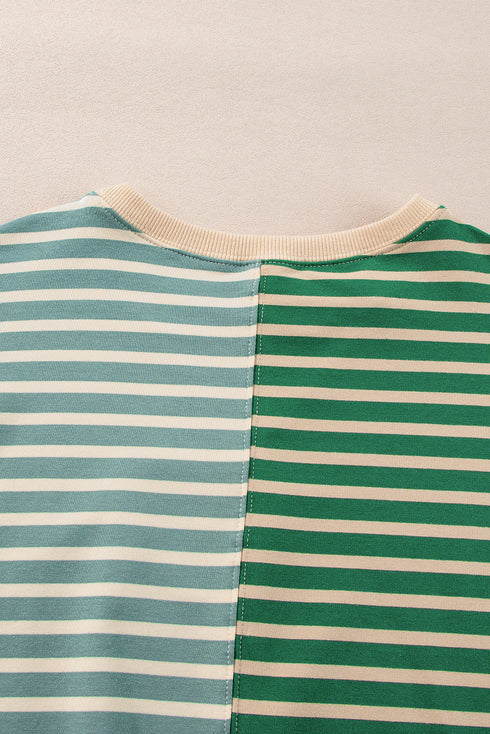 Relaxed V Neck Mixed Stripe Drop Shoulder Pullover Sweatshirt