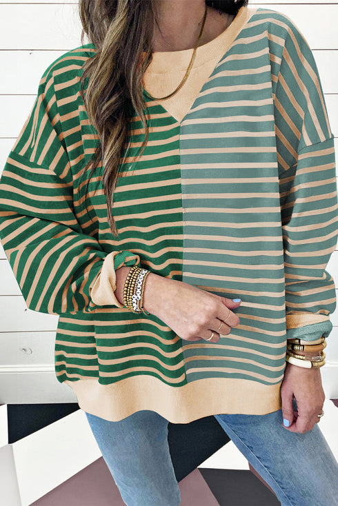 Relaxed V Neck Mixed Stripe Drop Shoulder Pullover Sweatshirt