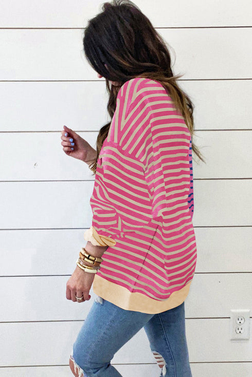 Relaxed V Neck Mixed Stripe Drop Shoulder Pullover Sweatshirt