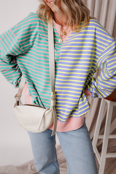 Relaxed V Neck Mixed Stripe Drop Shoulder Pullover Sweatshirt