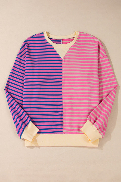 Relaxed V Neck Mixed Stripe Drop Shoulder Pullover Sweatshirt