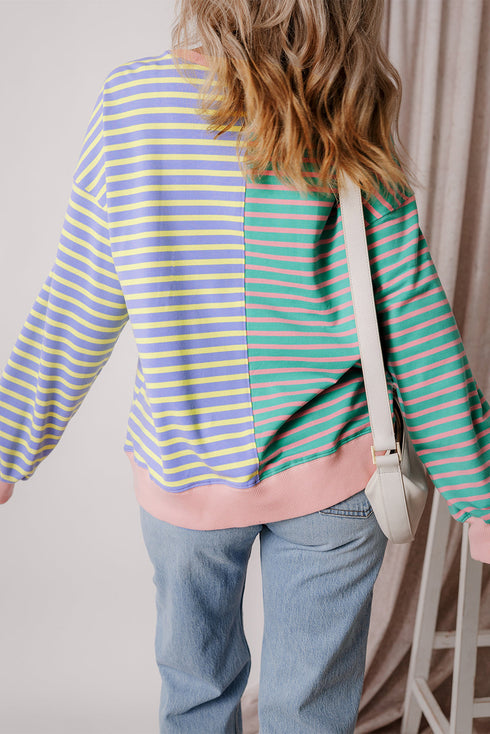 Relaxed V Neck Mixed Stripe Drop Shoulder Pullover Sweatshirt
