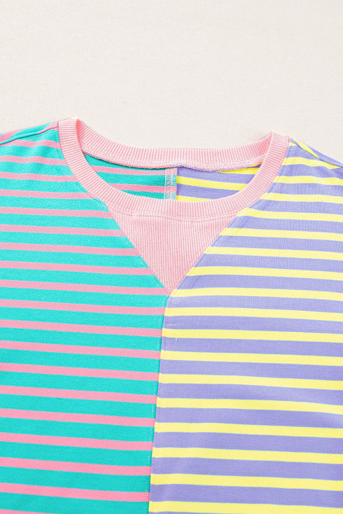Relaxed V Neck Mixed Stripe Drop Shoulder Pullover Sweatshirt