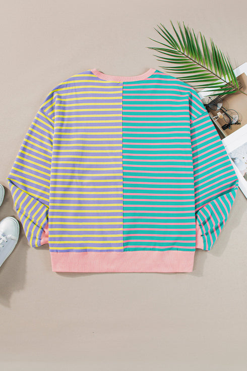 Relaxed V Neck Mixed Stripe Drop Shoulder Pullover Sweatshirt