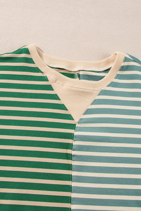 Relaxed V Neck Mixed Stripe Drop Shoulder Pullover Sweatshirt