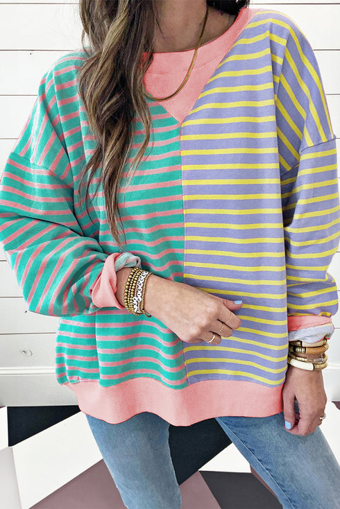 Relaxed V Neck Mixed Stripe Drop Shoulder Pullover Sweatshirt