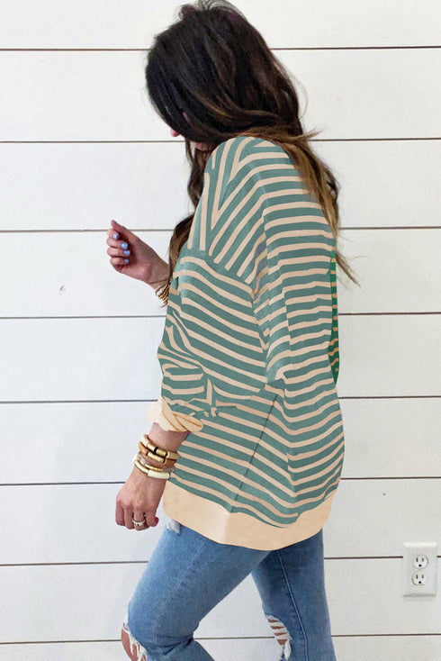 Relaxed V Neck Mixed Stripe Drop Shoulder Pullover Sweatshirt