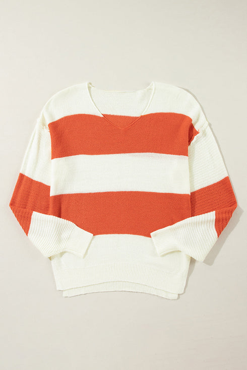 Relaxed V Neck Striped Knit Pullover Sweater