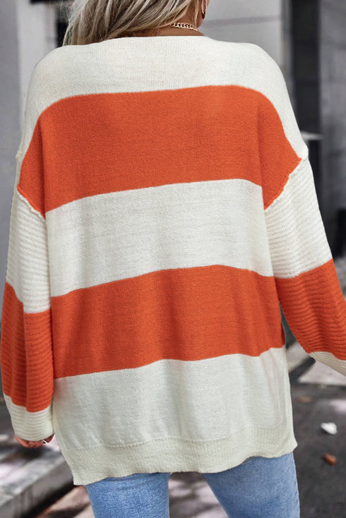 Relaxed V Neck Striped Knit Pullover Sweater