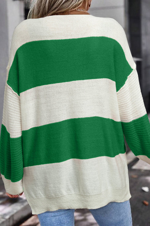 Relaxed V Neck Striped Knit Pullover Sweater
