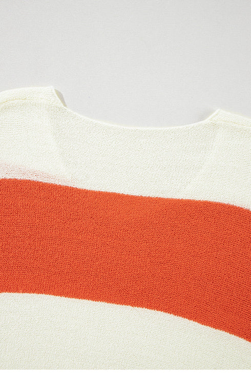 Relaxed V Neck Striped Knit Pullover Sweater