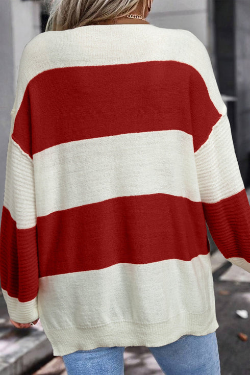 Relaxed V Neck Striped Knit Pullover Sweater