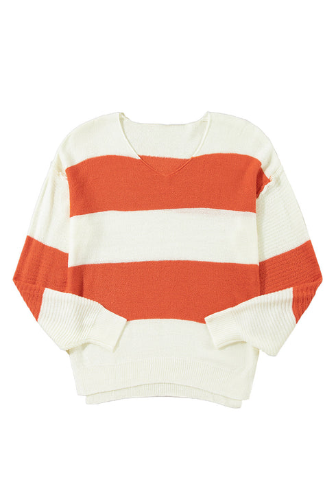 Relaxed V Neck Striped Knit Pullover Sweater