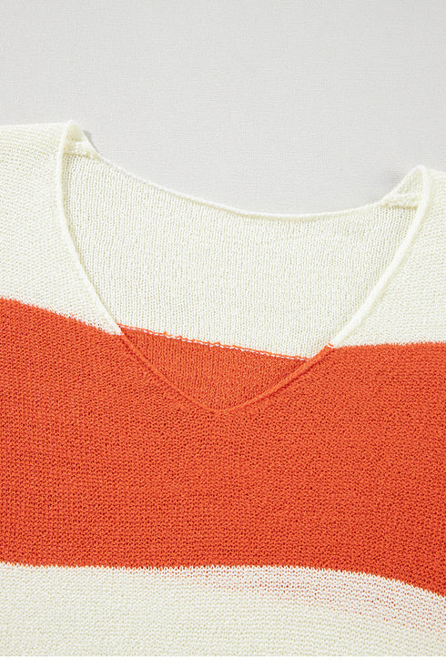 Relaxed V Neck Striped Knit Pullover Sweater