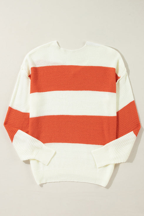Relaxed V Neck Striped Knit Pullover Sweater