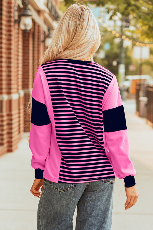 Relaxed V Neck Striped Pattern Long Sleeve Top