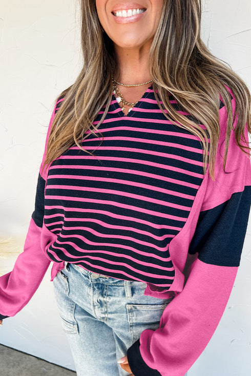 Relaxed V Neck Striped Pattern Long Sleeve Top
