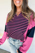 Relaxed V Neck Striped Pattern Long Sleeve Top