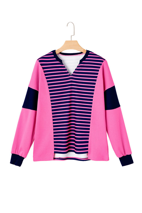 Relaxed V Neck Striped Pattern Long Sleeve Top