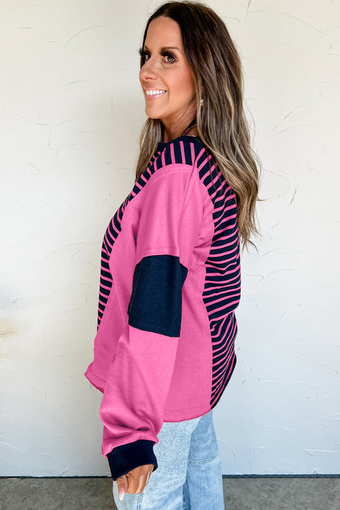 Relaxed V Neck Striped Pattern Long Sleeve Top