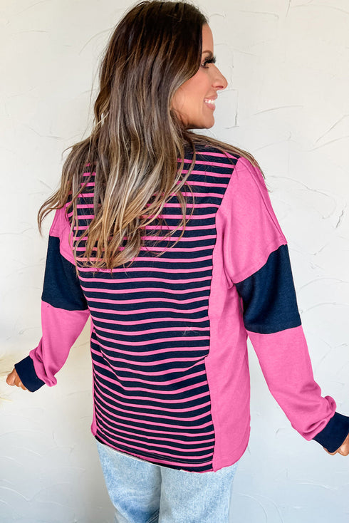 Relaxed V Neck Striped Pattern Long Sleeve Top