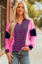 Relaxed V Neck Striped Pattern Long Sleeve Top