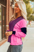 Relaxed V Neck Striped Pattern Long Sleeve Top