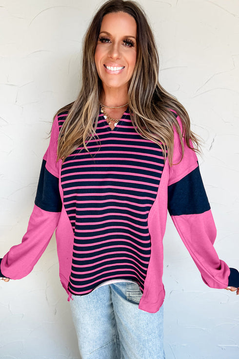 Relaxed V Neck Striped Pattern Long Sleeve Top