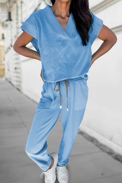Relaxed V Neck Tee And Drawstring Pant Set