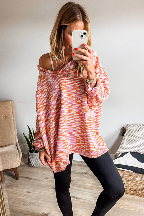 Relaxed V Neck Variegated Knit Pullover Sweater