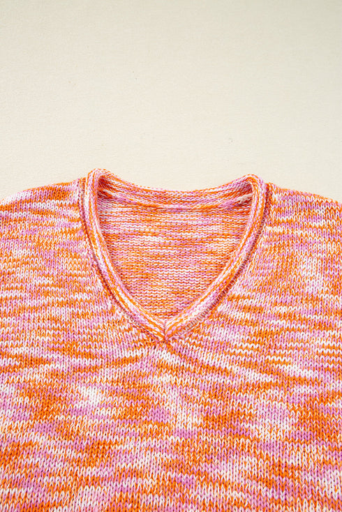 Relaxed V Neck Variegated Knit Pullover Sweater