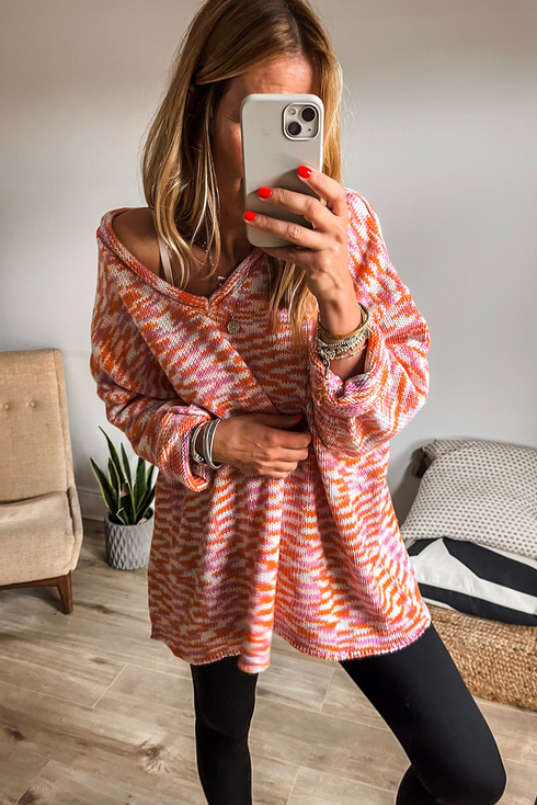 Relaxed V Neck Variegated Knit Pullover Sweater