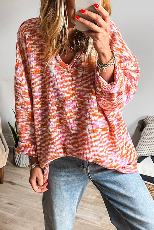 Relaxed V Neck Variegated Knit Pullover Sweater