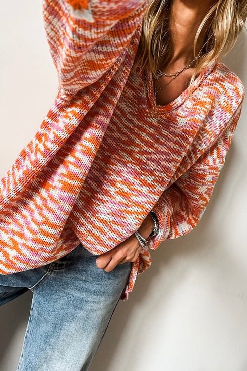 Relaxed V Neck Variegated Knit Pullover Sweater