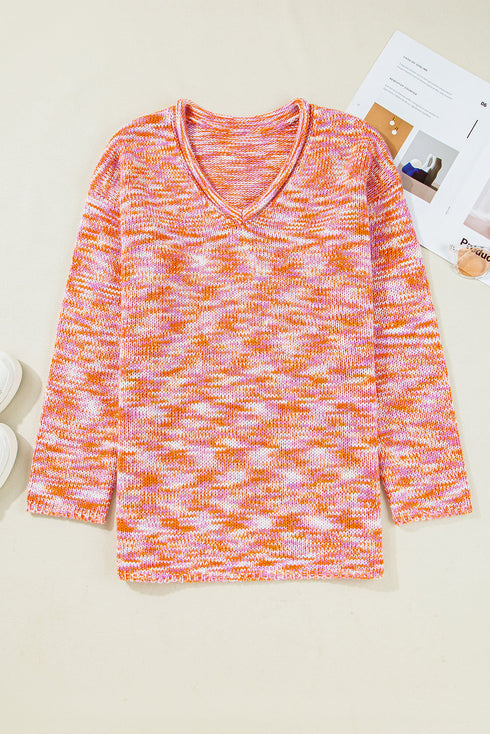 Relaxed V Neck Variegated Knit Pullover Sweater