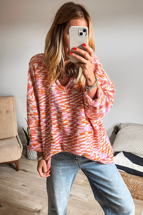 Relaxed V Neck Variegated Knit Pullover Sweater