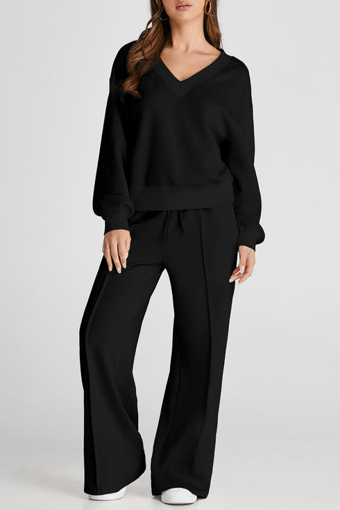 Relaxed V Neck Wide Leg Two Piece Set