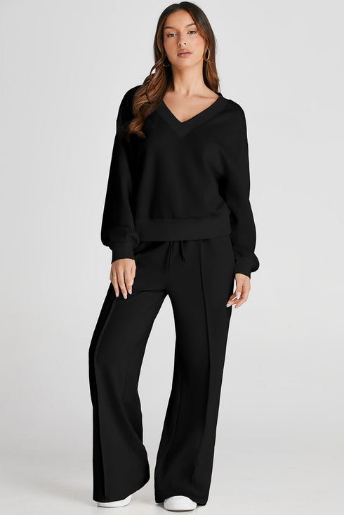 Relaxed V Neck Wide Leg Two Piece Set