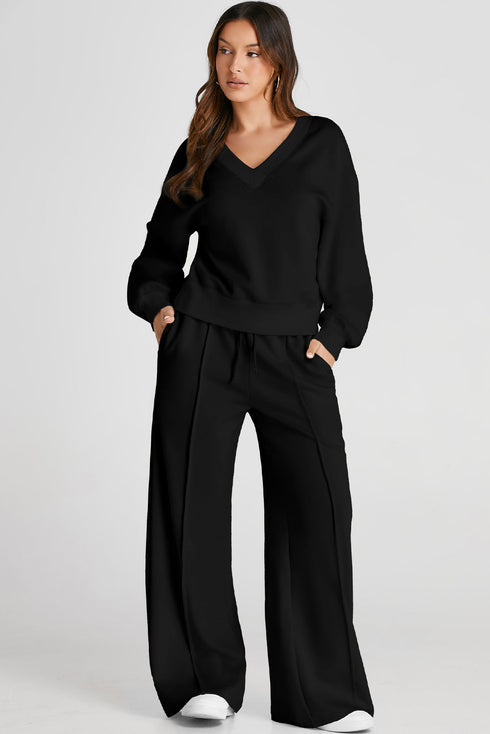 Relaxed V Neck Wide Leg Two Piece Set