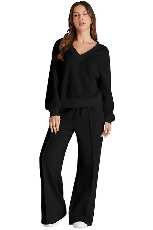 Relaxed V Neck Wide Leg Two Piece Set